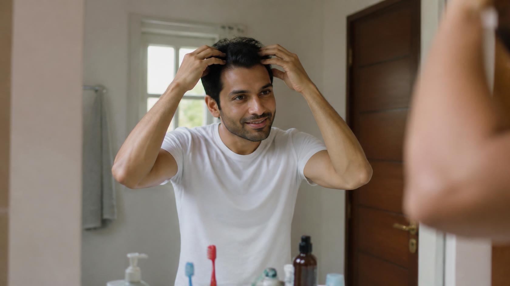 Man smiling in bathroom mirror applying hair lotion during his calm morning self care routine.